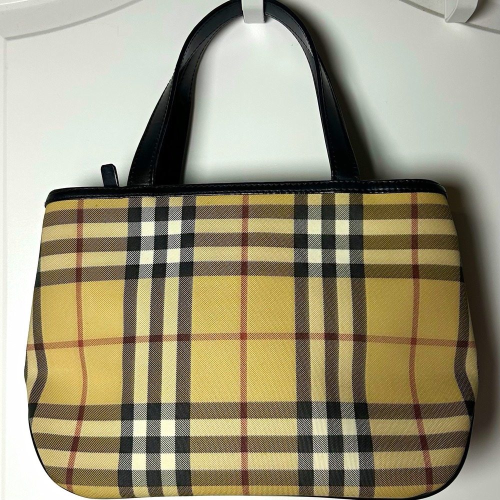Burberry Yellow Tan Plaid Tote with Black Handles